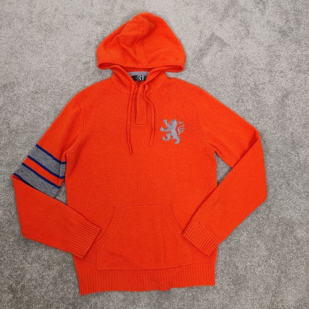 Simons Men's 100% Lambswool Orange Hooded Sweater Size Small Wool Fall